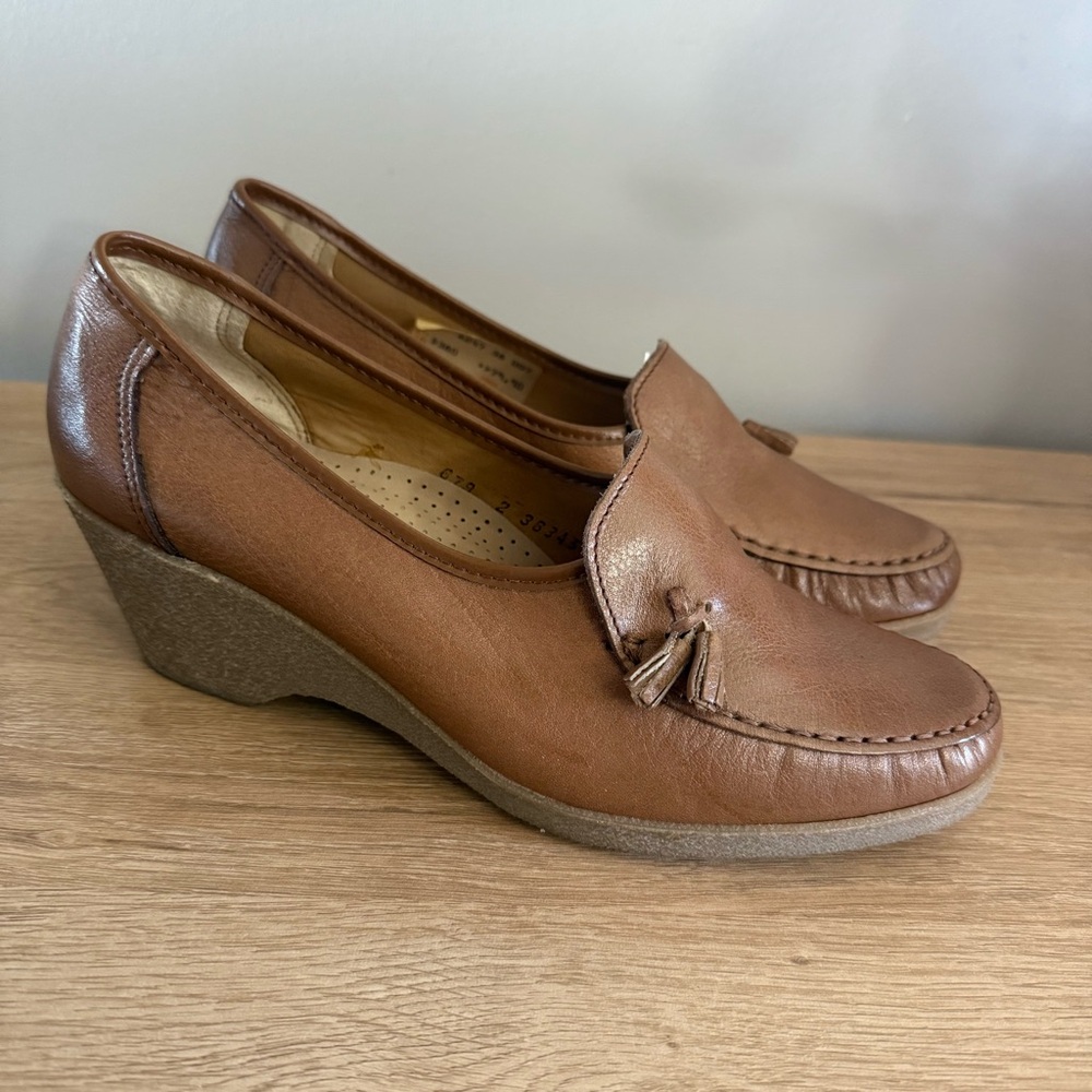 Vintage Silvia Young Line Leather Tassel Wedge Loafers Brown 38 Germany US 7.5-8